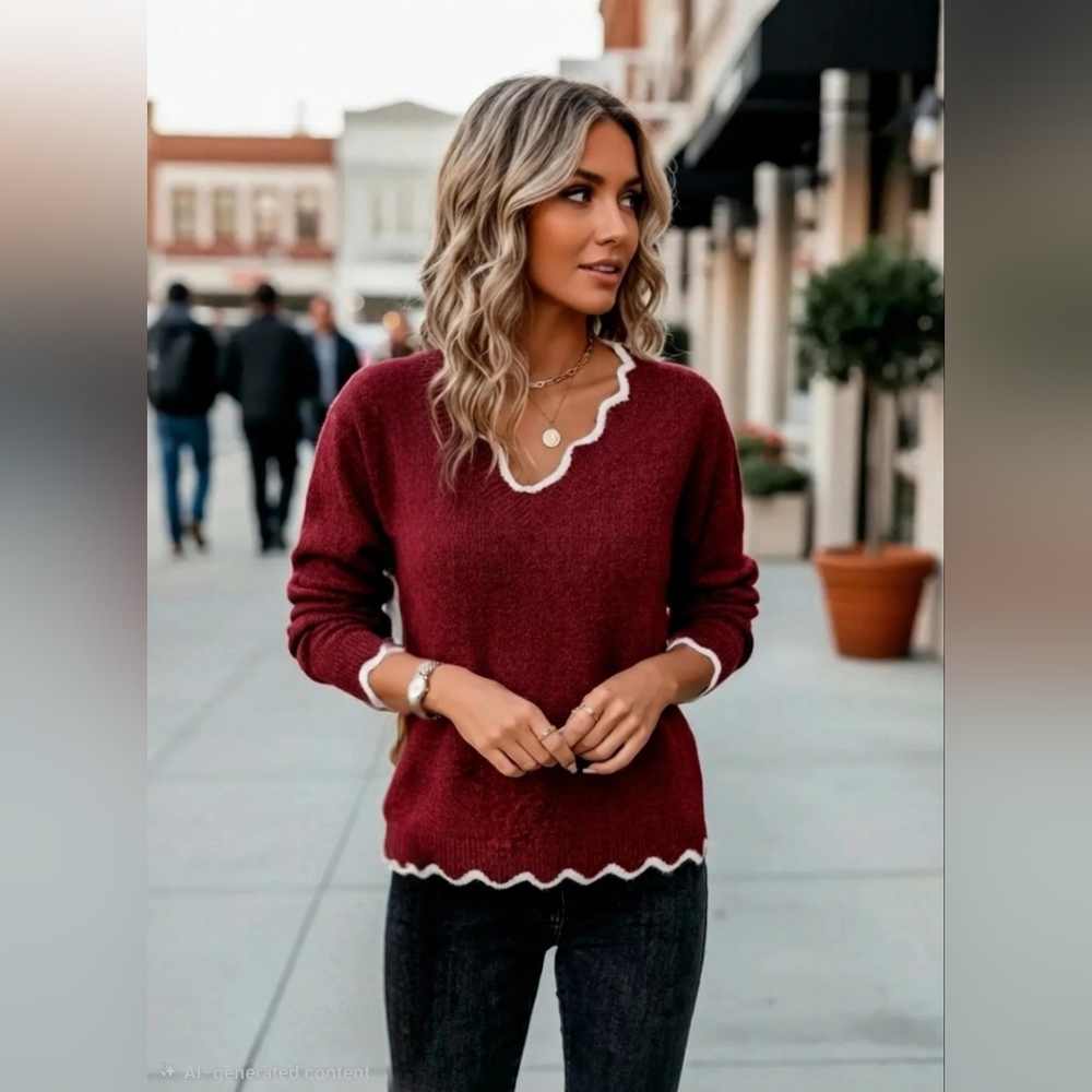 Merlot V-Neck Sweater with White Trim